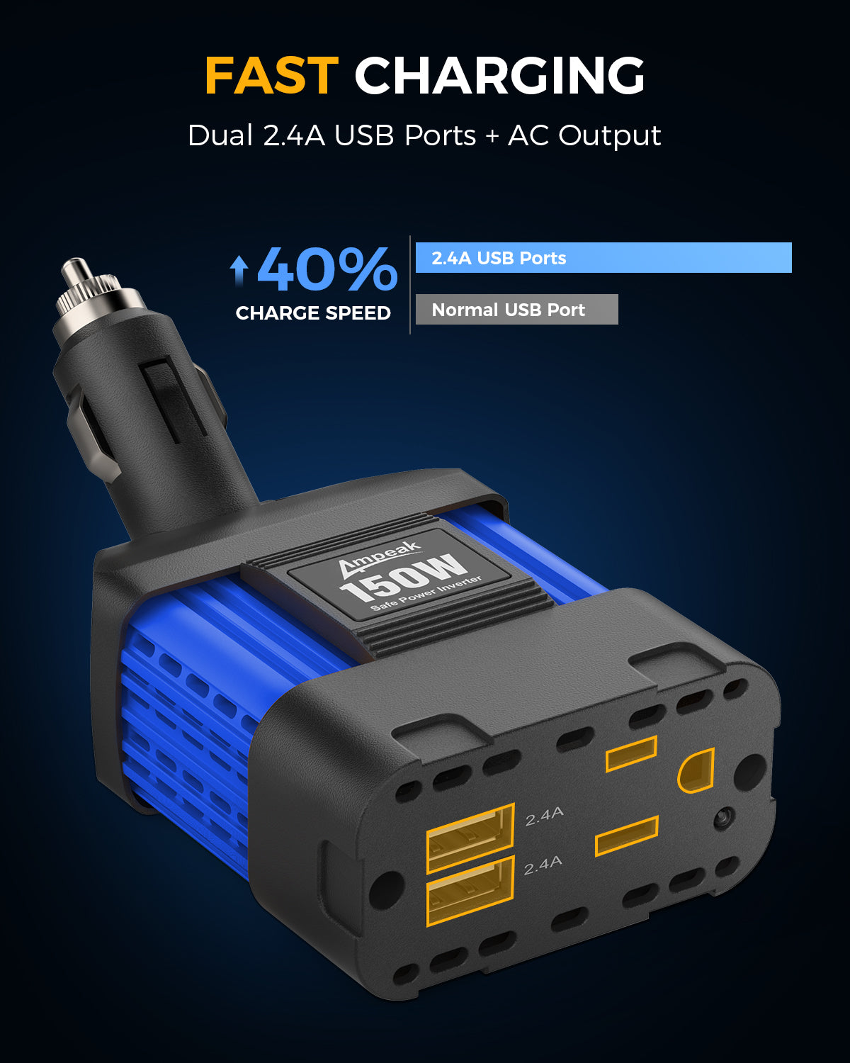 Ampeak 150W Power Inverter, Safely and Portable Car Inverter, Blue