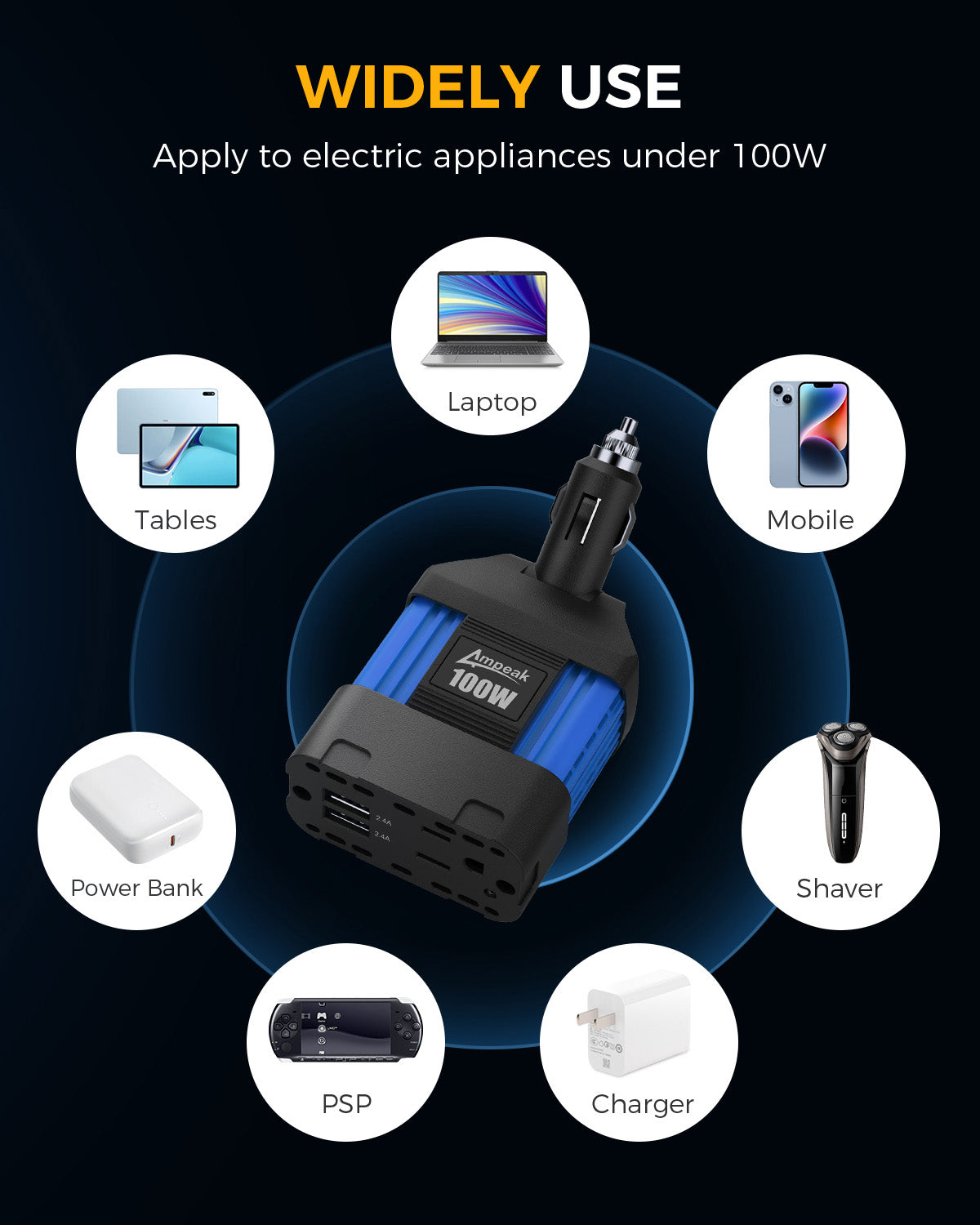 Ampeak 100W Power Inverter, Safely and Portable Car Inverter, Blue